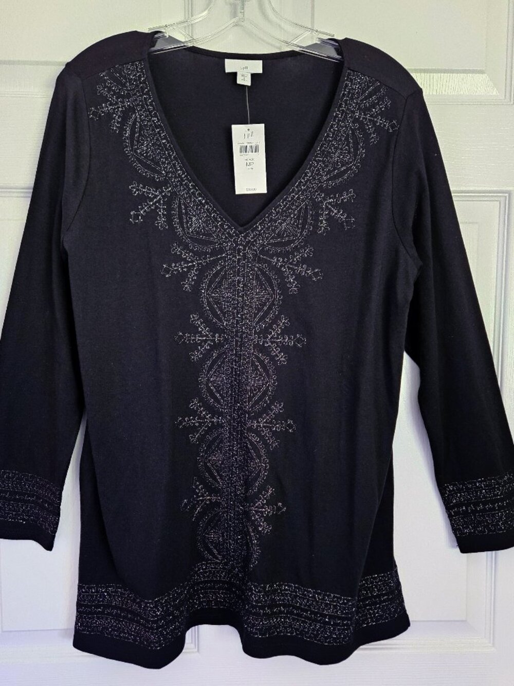 J. Jill Embelllished Black Knit V Neck Tunic Size Medium Petite NWT